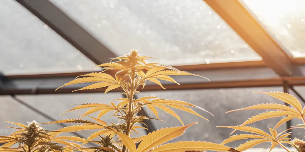 Rows of tall cannabis plants growing outdoors under a clear blue sky with support structures.