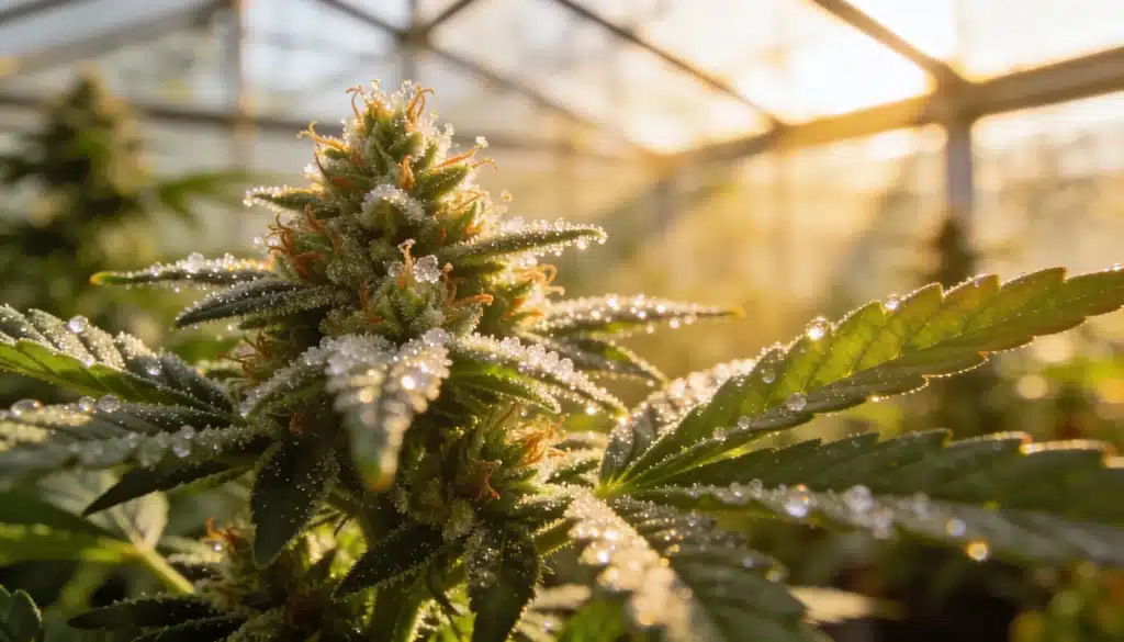 Greenhouse cannabis bud covered in trichomes and dew under natural sunlight.