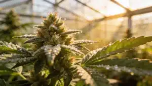 Greenhouse cannabis bud covered in trichomes and dew under natural sunlight.