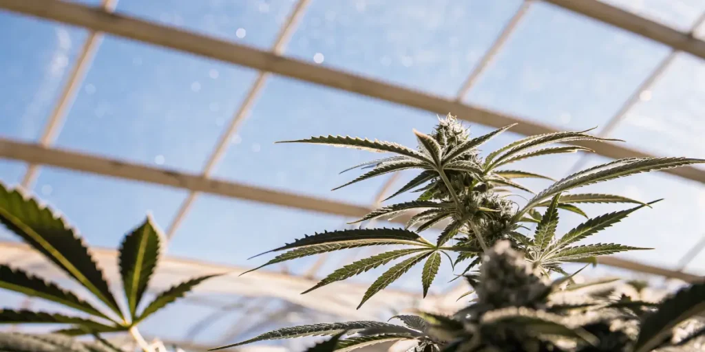 Flowering cannabis plant inside a greenhouse under bright natural sunlight.