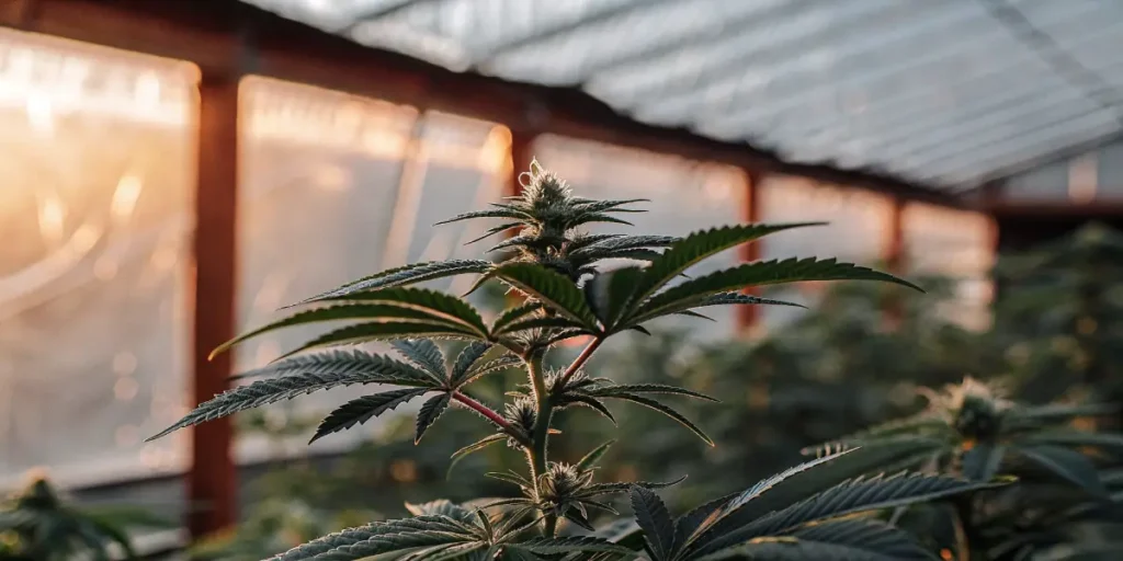 Cannabis plant in a greenhouse illuminated by warm sunset light during flowering stage.