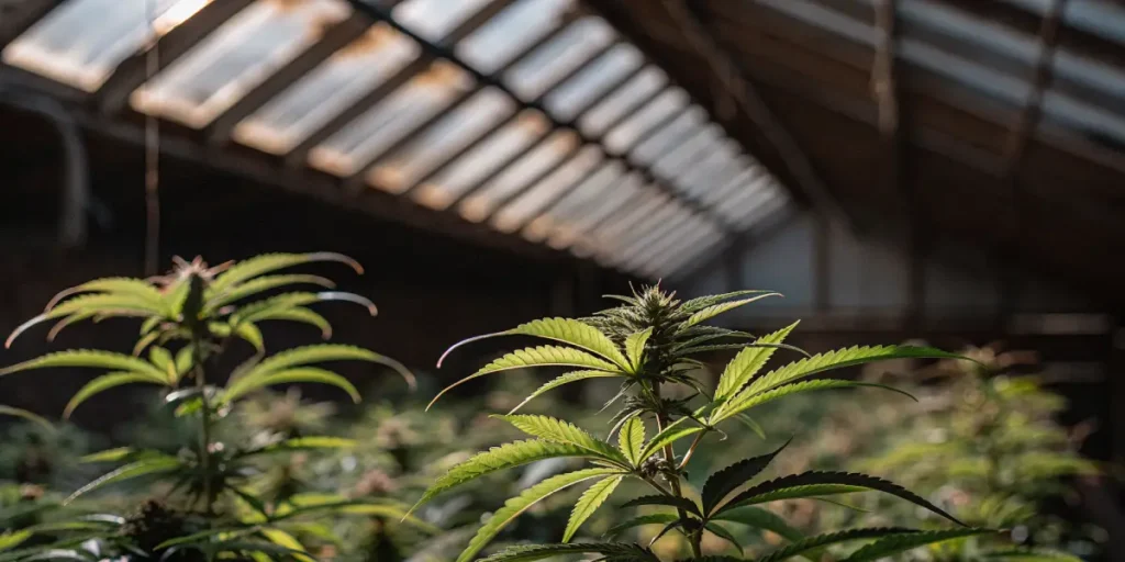 Close-up of a healthy cannabis plant growing inside a greenhouse under natural filtered sunlight.