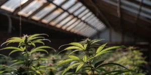 Close-up of a healthy cannabis plant growing inside a greenhouse under natural filtered sunlight.