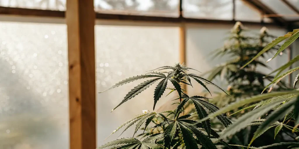 Cannabis plant thriving under natural daylight inside a greenhouse.