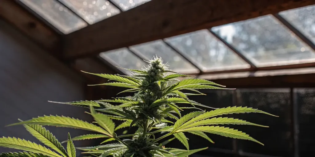 Cannabis plant growing inside a greenhouse under bright natural light.