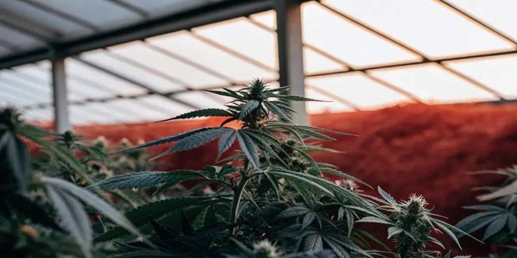 Cannabis plants growing in a greenhouse with vibrant lighting and a red backdrop.