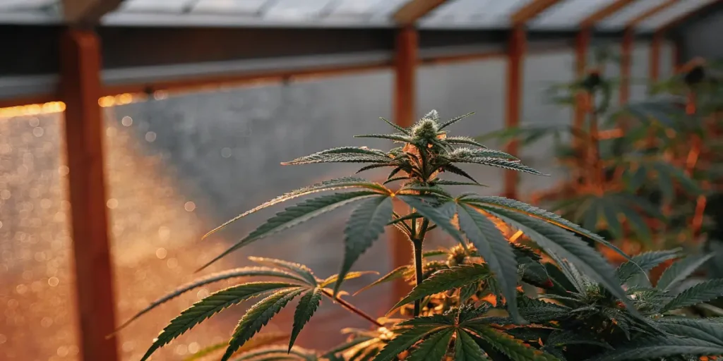 Cannabis plant illuminated by warm sunset light inside a greenhouse.