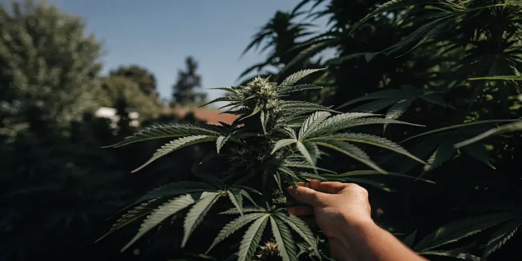 Hand holding cannabis cola outdoor garden with lush green foliage and developing buds.