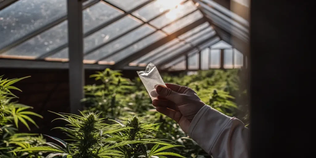 hand holding cannabis sample in greenhouse at sunset