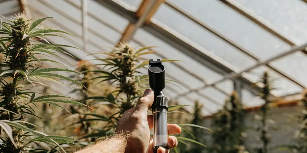 handheld refractometer testing cannabis plants in greenhouse under sunlight