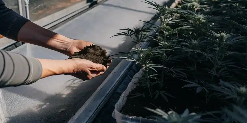 Hands holding dark soil over a raised cannabis bed in an indoor cultivation setup.