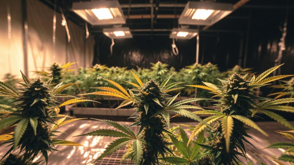 Home cannabis grow with mature plants and young seedlings in pots near a window.