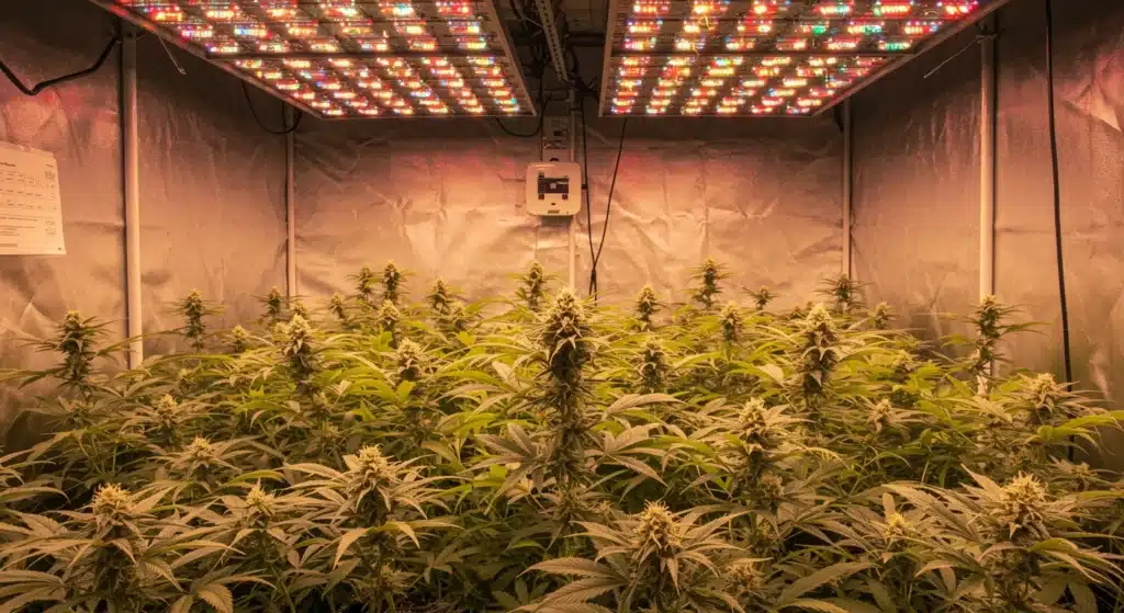 Indoor cannabis flowering canopy under full-spectrum LED grow lights.