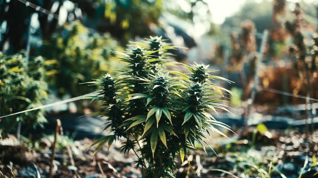 Indoor cannabis flowering room with mature plants under LED lights, dense buds, and uniform canopy development.