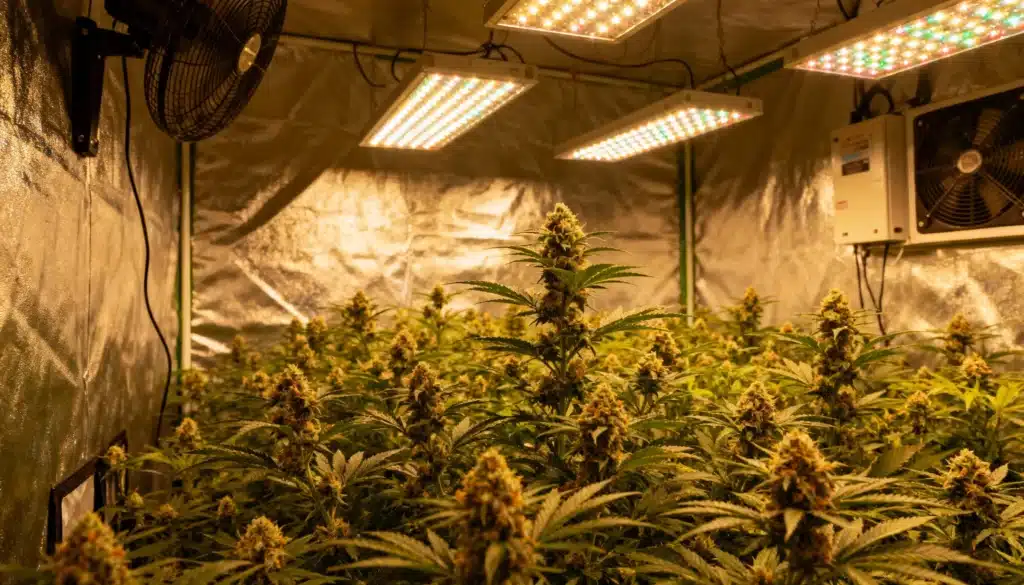 Indoor cannabis flowering room with LED panels, dense buds, and reflective walls for optimized light distribution.