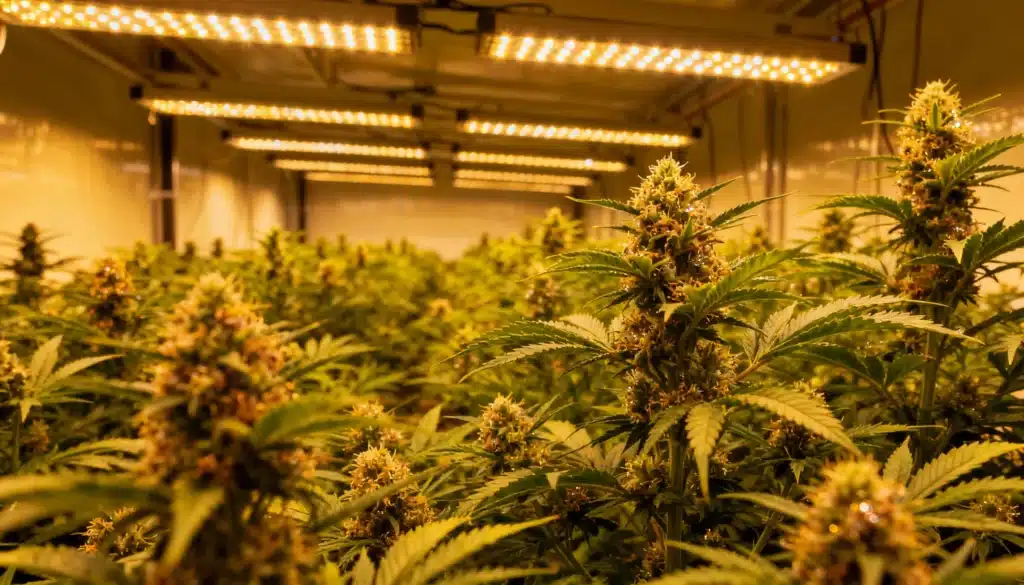 Indoor cannabis flowering room with dense plants growing under LED strip lighting.