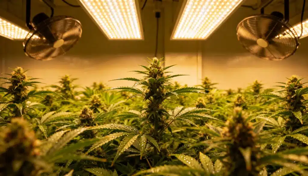 Indoor cannabis flowering under LED panels with dense buds, healthy leaves, and active air circulation.