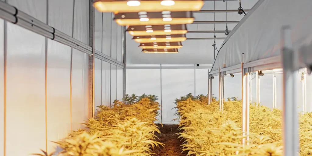indoor cannabis greenhouse with LED lights