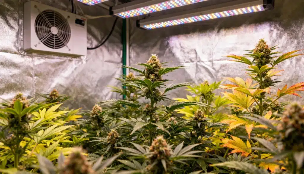 Indoor cannabis grow with LED lighting, ventilation system, and flowering plants in a controlled environment.