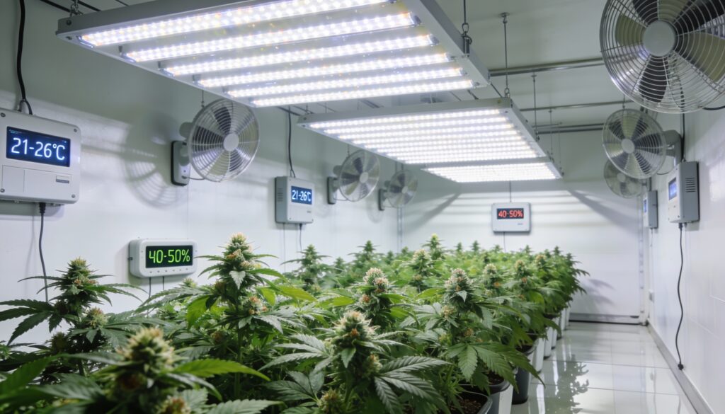 Indoor cannabis grow room LED climate control with flowering plants and digital temperature displays