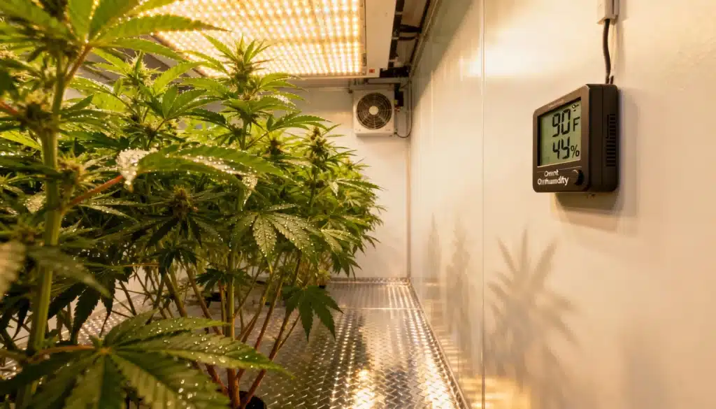 Indoor cannabis grow room with LED lighting and temperature and humidity control display on the wall.