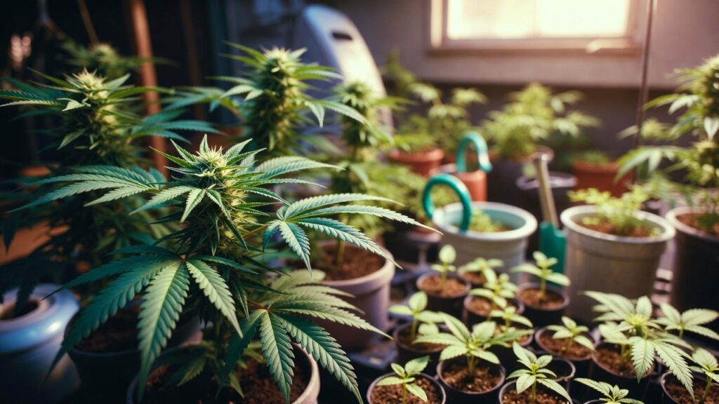 Indoor cannabis grow tent with flowering plants under full-spectrum grow lights.