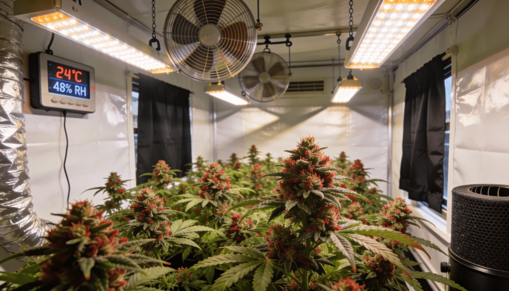 Indoor cannabis grow tent red flowering buds under artificial lights with ventilation fans