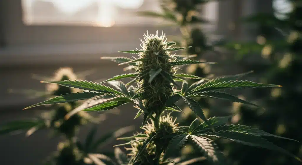 Indoor cannabis plant in flowering stage with buds illuminated by window light.