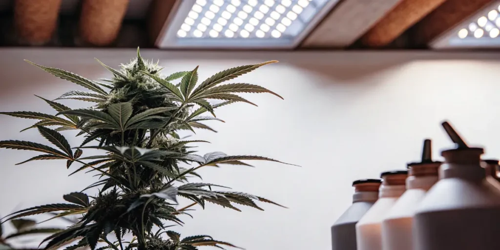 Cannabis plant growing indoors beneath LED grow lights with nutrient bottles visible in the background.