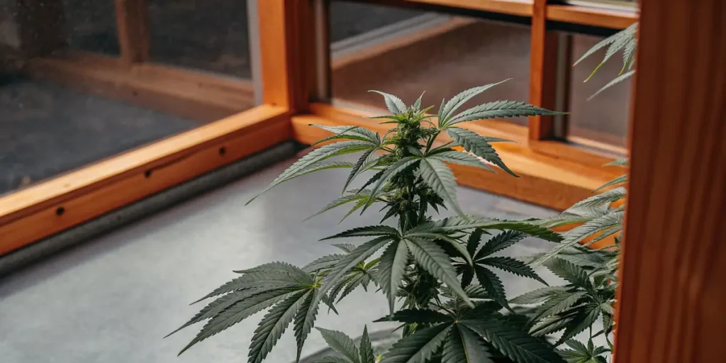 Indoor-cannabis-plant-wooden-frame with dark green leaves growing beside a warm wooden window frame.