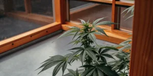 Indoor-cannabis-plant-wooden-frame with dark green leaves growing beside a warm wooden window frame.