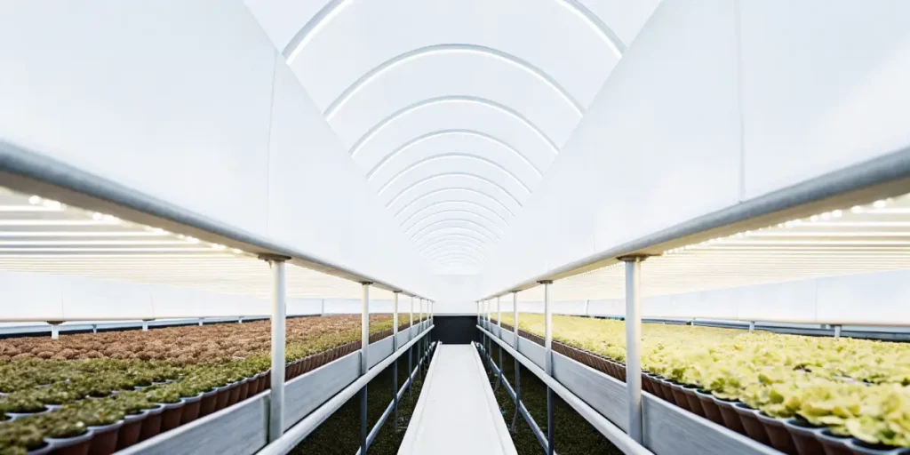 Modern indoor hydroponic farm with rows of seedlings under bright LED lighting and a curved white ceiling.