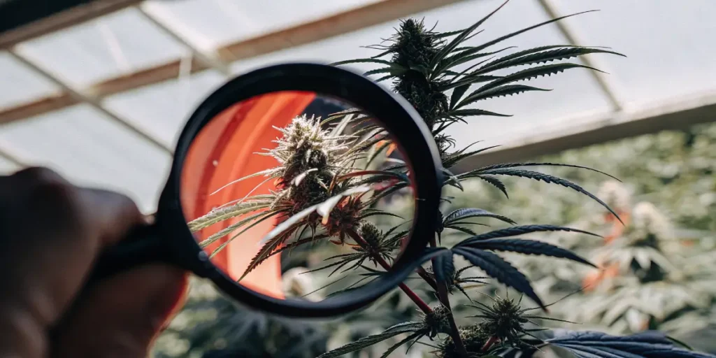 inspecting cannabis bud with magnifying glass in greenhouse