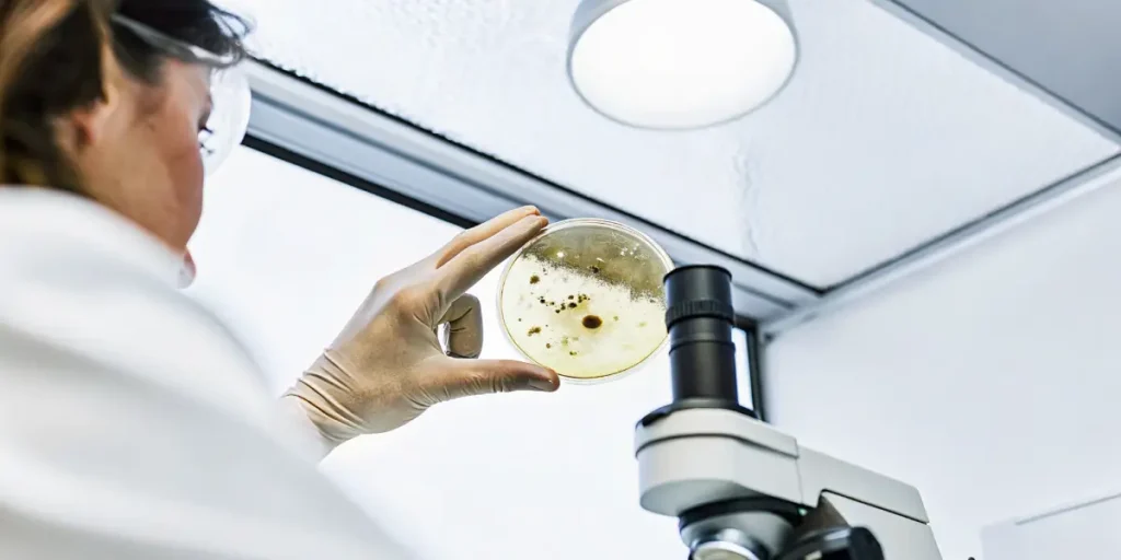 Scientist examining a petri dish with microbial growth under laboratory lighting.