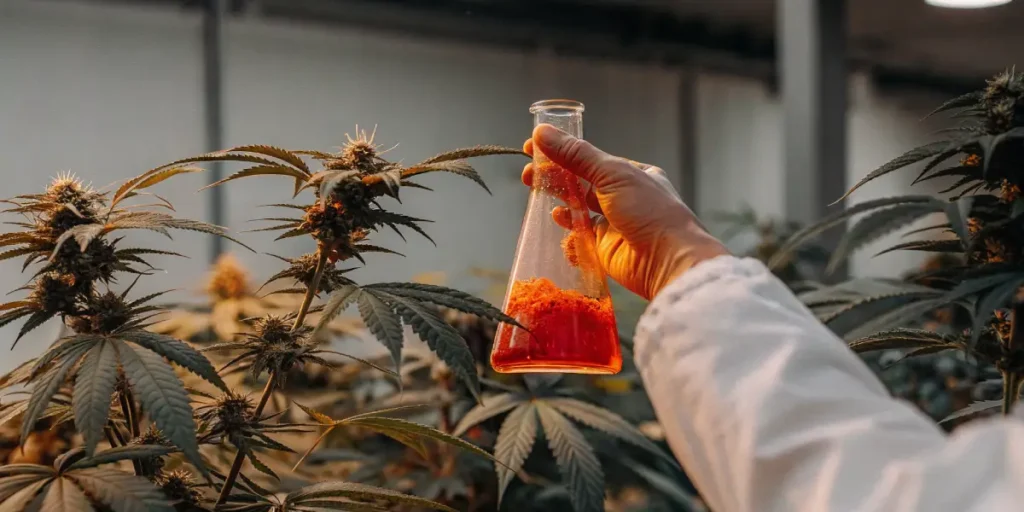 Lab technician examining a red extract in a flask next to mature cannabis plants in an indoor facility.