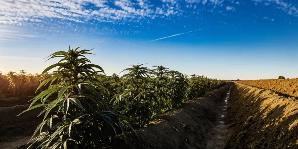 Outdoor cannabis field at dawn with rows of tall plants under a clear blue sky.
