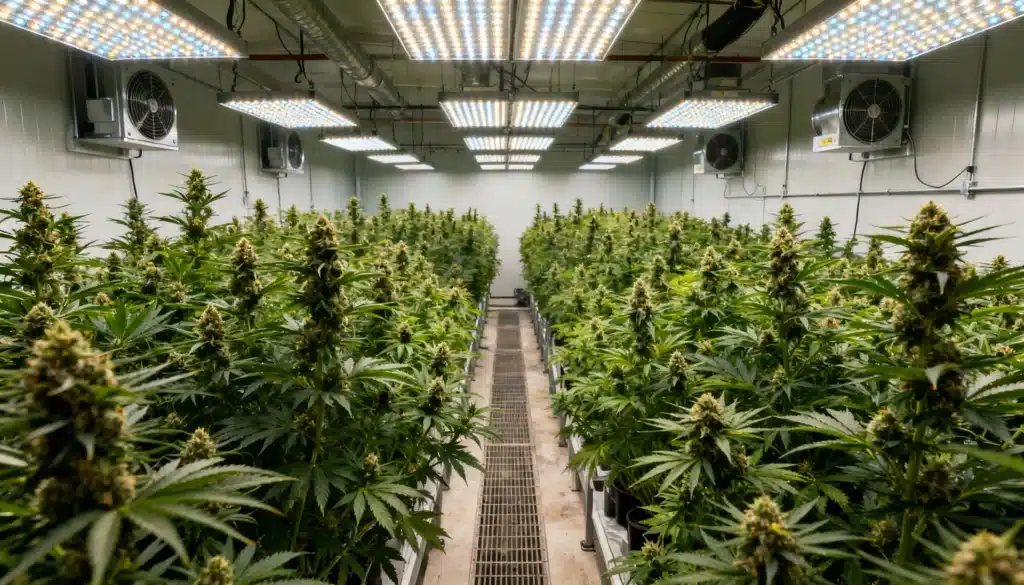 Large-scale indoor cannabis grow room with rows of flowering plants under LED lighting and climate control.