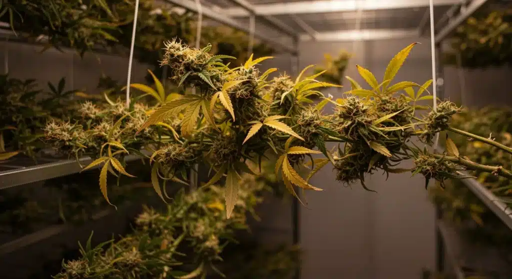 Late flowering cannabis branch with mature buds and yellowing leaves before harvest.