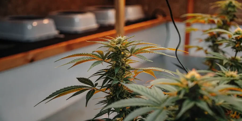 Lush cannabis plant in the flowering stage under warm indoor grow lights.