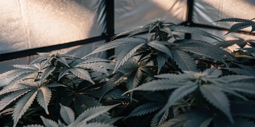 Lush cannabis plants thriving under soft indoor grow lighting with healthy green leaves.