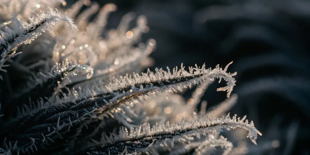 Macro shot of frosty cannabis trichomes sparkling under morning light.