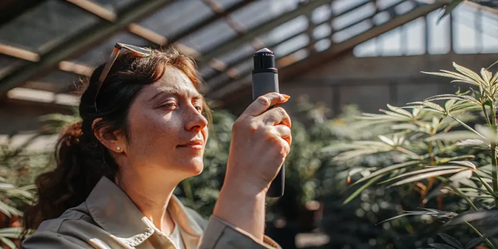 woman measuring brix levels in cannabis greenhouse with refractometer