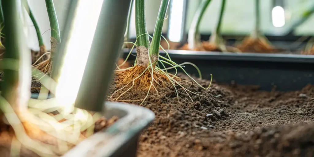 Close-up view of microscopic plant roots interacting with soil microbes under indoor grow lights.