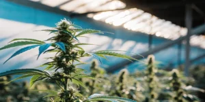 mid stage cannabis plant growing in greenhouse