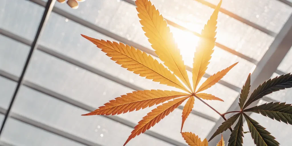 Orange cannabis leaf backlit by sunlight inside a greenhouse.