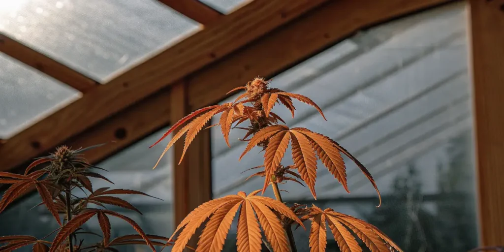Close-up of a cannabis plant with orange-toned leaves growing inside a wooden-frame greenhouse.