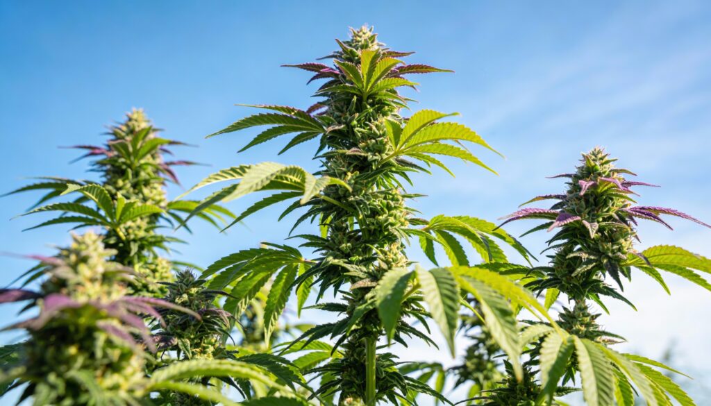 Outdoor cannabis colas sunlight growth with multiple flowering tops and healthy green leaves
