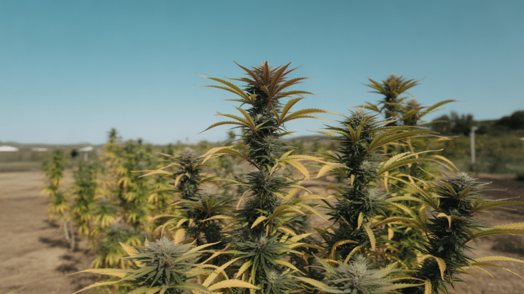 Outdoor cannabis colas yellowing leaves during late flowering stage before harvest