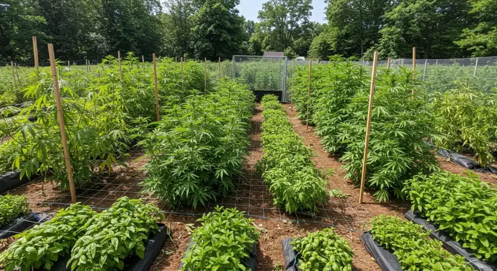 Outdoor cannabis companion planting field with herbs supporting healthy plant growth.