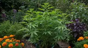 Outdoor cannabis companion planting garden with healthy green plants surrounded by marigolds and herbs.